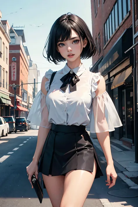 nsfw， high resolution、 anatomically accurate on a stepladder、最 high quality、 textured skin 、 8k octane 、

 Masterpiece,  high quality, 最 high quality,  Super Detail,  real ,  1 girl, 
Vegetarian wrist,  black hair,
Bob Hair，(( wearing a flared mini skirt))...