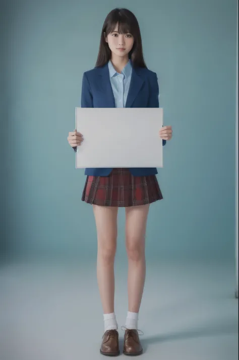  high resolution,( photorealistic: 1.4,RAW shooting),18-year-old girl,  long dark hair,  realistic skin texture,Full Body Expression ,正面を向いて立っている,Blue Blazer, red plaid skirt,  white socks,  brown shoes, Hold a whiteboard in front of your chest with both h...