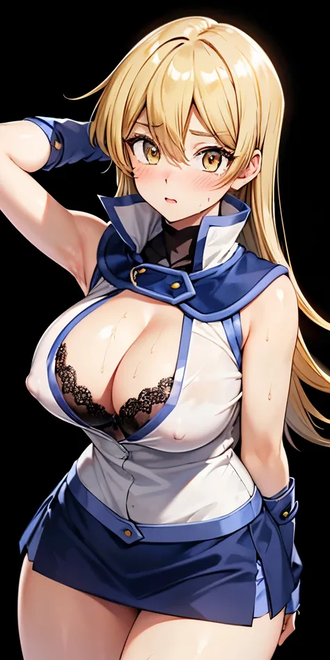 1 Female,High definition,high resolution,Ultra-realistic,8K,ta1, blonde hair, long hair, yellow eyes,white jacket, sleeveless ,fingerless gloves,blue skirt, tight skirt, miniskirt,standing, solo,  standing, masterpiece, best quality, detailed face, detaile...