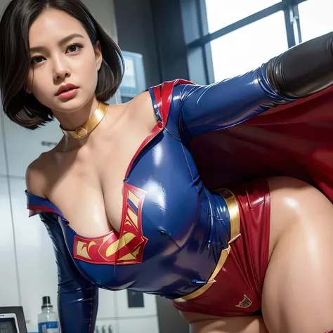  Masterpiece、 latex supergirl costume 、 off shoulder、Ultra short hair、Big and rich breasts 、 Shiny Sweaty Skin 、 facing directly、 choker、Provocative cleavage、 Long Sleeve、Cape、Glamorous bare legs、 in front of laboratory equipment in hospital room、Close-up ...