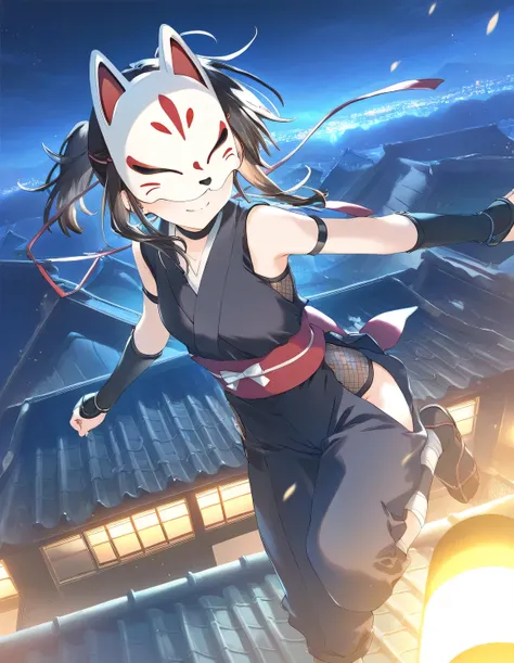 1girl, ninja, small breasts, fox mask, night, rooftop, wind, jump, game CG, break,(artist:mitsumi_misato),artist:fujiyama,artist:kokonoka, break,(masterpiece), (best quality), (ultra-detailed),(Detailed Lighting), very aesthetic, newest, inematic lighting