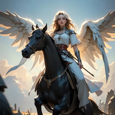 Goddess of War, Winged Valkyrie, Spear and Shield, Ride of the Valkyries, Horse riding in the sky, Valhalla, the Heavenly Palace, Norse mythology Edda, Soft focus, Bokeh, Cinematic light, Soft Lighting, Dark Background, (Excellent, Best quality, High resol...