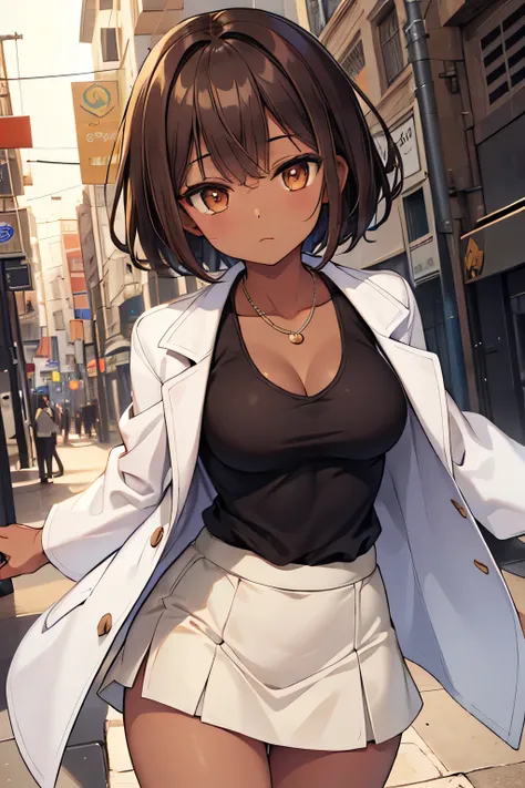 High quality high image quality masterpiece, Egyptian Doctor of Archaeology, Dark Brown Skin, Dark Brown Hair, Pixie Cut, White Coat, Tank Top, Tight Skirt, Brown Eyes, Brown Eyes