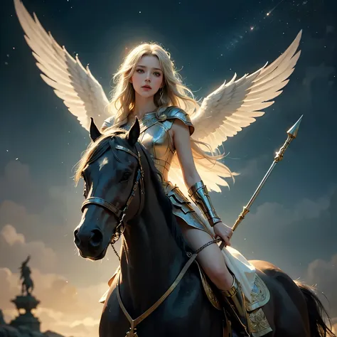 Goddess of War, Winged Valkyrie, Spear and Shield, Ride of the Valkyries, Horse riding in the sky, Valhalla, the Heavenly Palace, Norse mythology Edda, Soft focus, Bokeh, Cinematic light, Soft Lighting, Dark Background, (Excellent, Best quality, High resol...