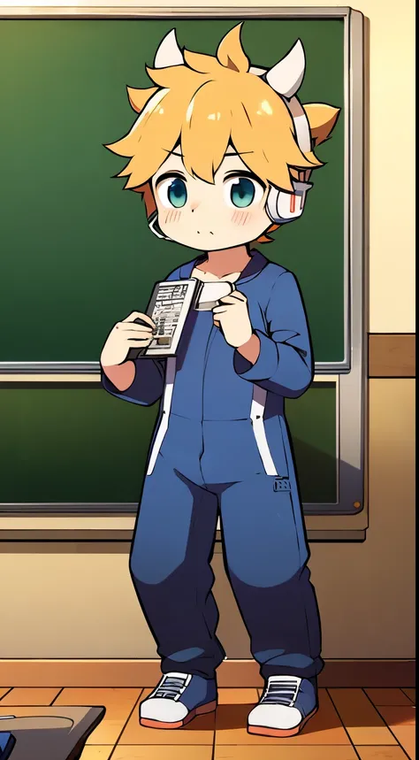 2D boy Shota ，One-piece hiking suit ， Wear headphones on your head， permanent，Goggles，trumpet，Cow ears，Sports shoes，classroom