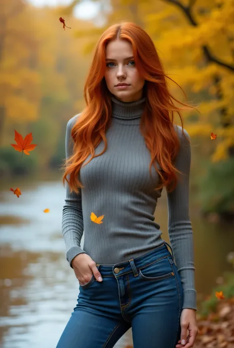 A very detailed and vivid photo portrait of a beautiful slim redhead young model in the autumn forest by the river. Close-up, beautiful nature all around. The woman wears a tight, grey turtleneck and blue jeans. Yellow and orange leaves fly around.