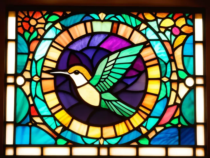 "Stained glass art of a hummingbird with iridescent feathers。 in Art Nouveau style 、Vibrant jewel-toned pink、Turquoise、 purple 、Yellow、Uses colors such as orange。A bird in flight is placed in the center、Radiant rays and decorative curved motifs on the peri...