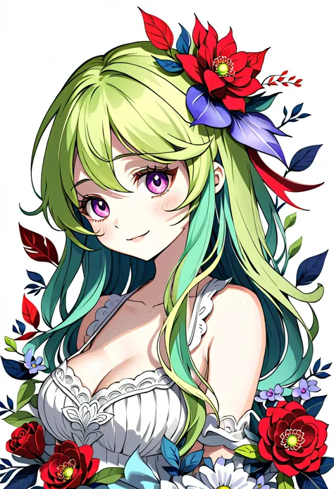   Paper Cut Art  ,( Flat Paper Cutout ，Paper Art，layered Paper Art，Paperwork,   digital art ),  on a white background  ,  girl，smile, ((( green hair,  purple eyes ))),(((Abnormally long hair))),(((Oshima Isuzu))),( high detail,  Masterpiece,  top quality, ...