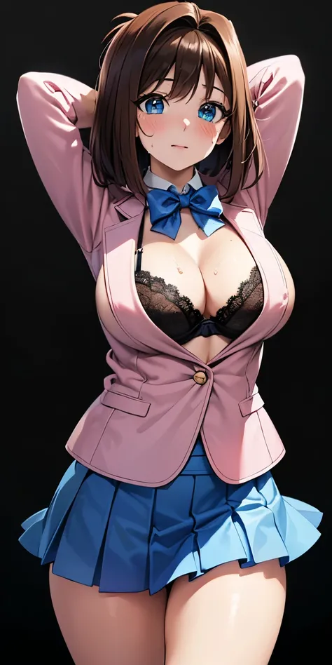 1 Female,High definition,high resolution,Ultra-realistic,8K,aamazaki, (antenna hair:1.2), blue bowtie,blue eyes, pink jacket, blazer, long sleeves, blue skirt, tight skirt, ((miniskirt)),standing, solo,  standing, masterpiece, best quality, detailed face, ...