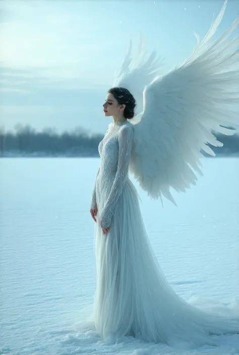 A woman with white wings in the snow