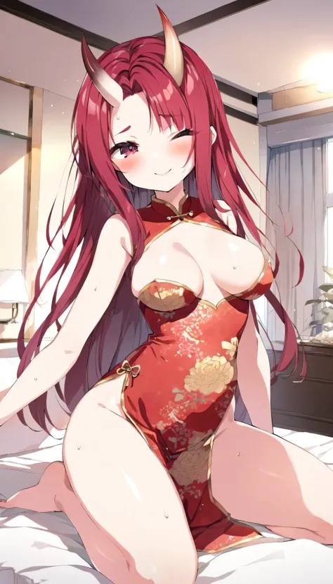 nsfw,（best quality), elementary school student, a ogre girl , solo, massive, sexy, (cute), beautiful detailed qipao, red and gold gradation Hair, long hairstyle, (dark skin :1.4), a shiny red single horn on the forehead, {turime, Ruby: 1.4}, ((middle breas...