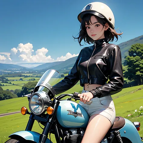 Vintage Bikes、Triumph、Isle of Man Races、(Young female rider stands on the back of her bike for a photo)、Leather jumper、Cromwell helmet with goggles、after the rain、English countryside landscape、