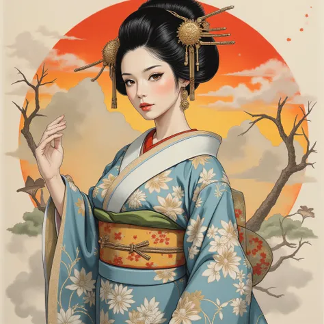 the detailed proportions and textures brushed multicolored and softened with airbrush, a semi-realistic Chinese ink illustration A young traditional geisha of from the Edo period is shown (full body, pose and in high quality) in traditional Japanese (weste...