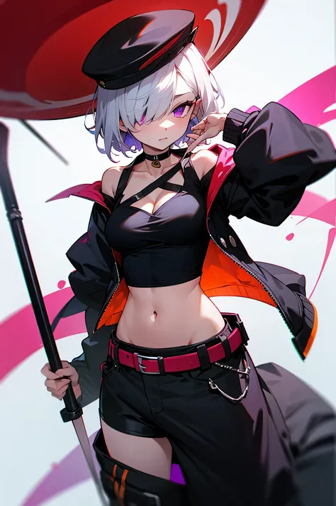 white hair, holding a jacket with a large hat on, 1girl, breasts, hair over one eye, solo, jacket, navel, purple eyes, short hair, choker, hat, cleavage, black jacket, black headwear, white hair, looking at viewer, open clothes, open jacket, black choker, ...