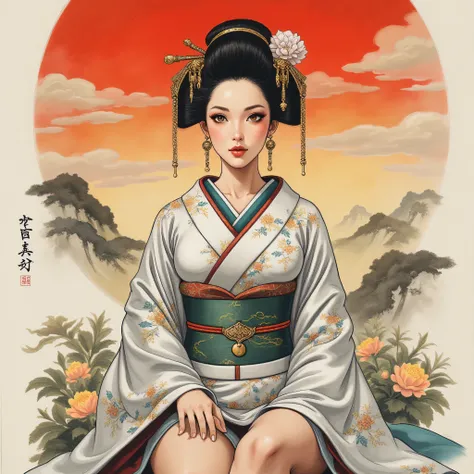 the detailed proportions and textures brushed multicolored and softened with airbrush, a semi-realistic Chinese ink illustration A young traditional geisha of from the Edo period is shown (full body, pose and in high quality) in traditional Japanese (weste...