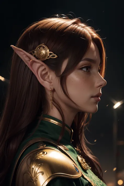 Close-up portrait on a side face (in profile) of a beautiful celtic knight elf girl with realistic skin, dark eyes, looking down; shiny redhair, bright lights and flying shrapnel around her, chaotic background scenery, cinematic bright, cinematic scene, fr...