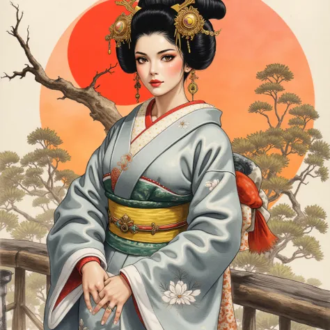 the detailed proportions and textures brushed multicolored and softened with airbrush, a semi-realistic Chinese ink illustration A young traditional geisha of from the Edo period is shown (full body, pose and in high quality) in traditional Japanese (weste...