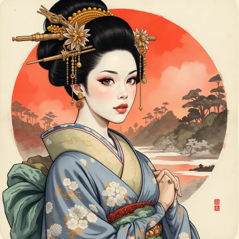 the detailed proportions and textures brushed multicolored and softened with airbrush, a semi-realistic Chinese ink illustration A young traditional geisha of from the Edo period is shown (full body, pose and in high quality) in traditional Japanese (weste...