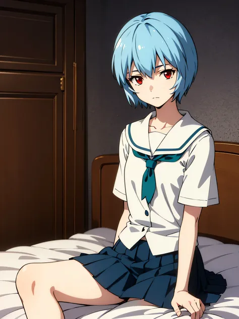 1girl, Rei Ayanami, 14yearsold, blue hair, red eyes, petite, emotionless face, school uniform, bedroom