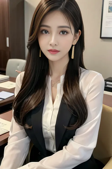 masterpiece、 best quality 、 real 、 very detailed on trends、 with finer details、High Resolution、8k wallpaper、1 beautiful woman、At the office、 Light Brown Disheveled Hair、 perfect dynamic configuration、 beautiful beautiful eyes、 Big Earrings 、 sitting on a c...