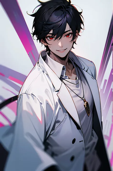 good looking, alone, 1 male, short hair, Black Hair, Red eyes, White shirt, White coat,Smile Facial, Purple Necklace