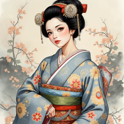 the detailed proportions and textures brushed multicolored and softened with airbrush, a semi-realistic Chinese ink illustration A young traditional geisha of from the Edo period is shown (full body, pose and in high quality) in traditional Japanese (weste...