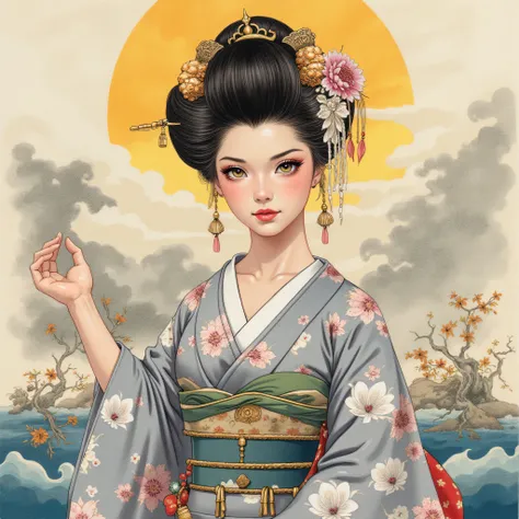 the detailed proportions and textures brushed multicolored and softened with airbrush, a semi-realistic Chinese ink illustration A young traditional geisha of from the Edo period is shown (full body, pose and in high quality) in traditional Japanese (weste...