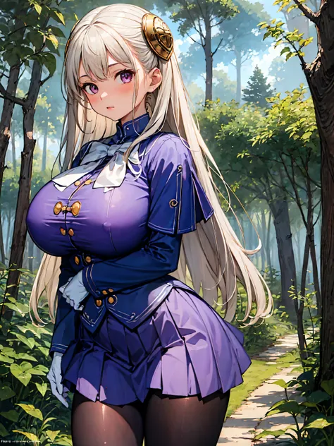  Masterpiece,  top quality, Mid-up,  1 girl, Alone, Ingrid, Hair Pod,  gloves,  skirt,  pantyhose,  dress,   Magical Forest  ,   purple background , purple forest,huge breasts