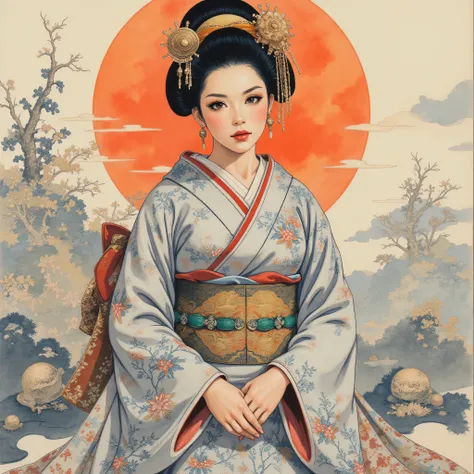 the detailed proportions and textures brushed multicolored and softened with airbrush, a semi-realistic Chinese ink illustration A young traditional geisha of from the Edo period is shown (full body, pose and in high quality) in traditional Japanese (weste...