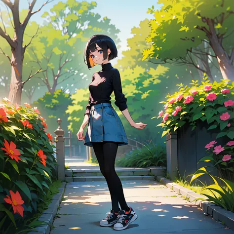 ( high quality,  high resolution, Very detailed, reality:1.37), Peaceful atmosphere, (Outdoors, garden),  age girl standing alone, (My breasts are small.), Beautiful details,  cute smile, (Black Bob), Ribbed sweater,  denim skirt,  black tights,  sneakers.