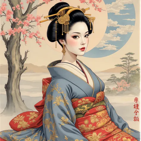 the detailed proportions and textures brushed multicolored and softened with airbrush, a semi-realistic Chinese ink illustration A young traditional geisha of from the Edo period is shown (full body, pose and in high quality) in traditional Japanese (weste...