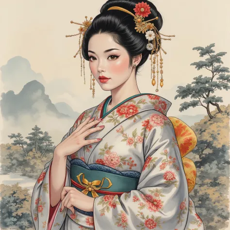 the detailed proportions and textures brushed multicolored and softened with airbrush, a semi-realistic Chinese ink illustration A young traditional geisha of from the Edo period is shown (full body, pose and in high quality) in traditional Japanese (weste...
