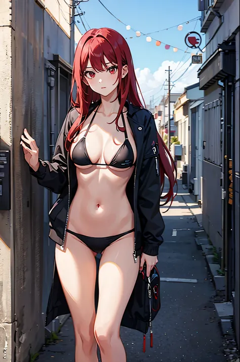 1woman, tall, long hair, red hair, red eyes, bikini, standing on ground, high res, ultra sharp, 8K, masterpiece