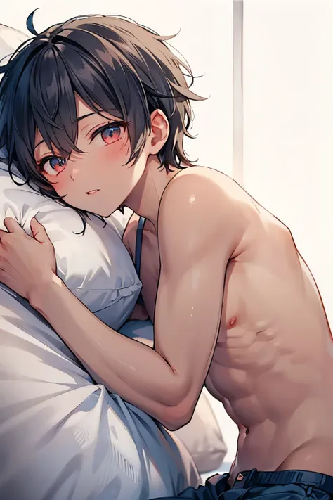  Hair,  black hair,  for men,  medium hair , blue eyes , red eyes,Beautiful Boy, skinny,lips,2 boys, , Yaoi, Checkered background, happy expression ,おはよう☀️, sleeping hair,((dark skin body:1.15)),