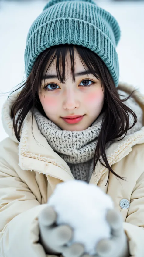 8k, masterpiece, highest quality, Korea's Beautiful Women, from above, high-angle, close-up,  young woman,  dark hair, rosy cheeks, pleasant expression,  creamy-white puffy jacket, sherpa collar, teal beanie, light-colored gloves, light-colored scarf,  sno...