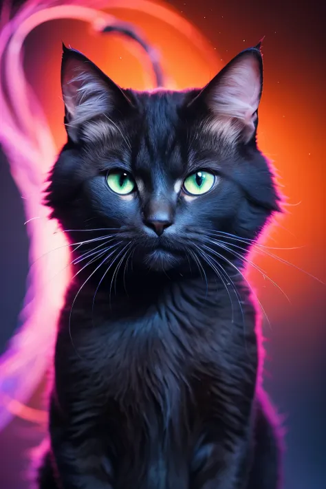 "A fantastical, colorful cat portrait. The feline emerges against a dark background, its fur illuminated with a vibrant mix of blue, red, orange, and pink hues. Its sharp, glowing eyes radiate intensity, while delicate light particles scatter along the fur...