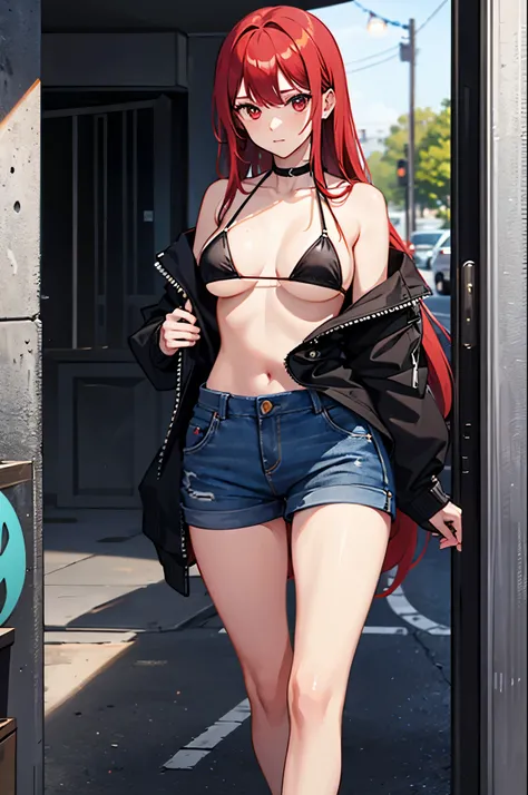 1woman, tall, long hair, red hair, red eyes, bikini, standing on ground, high res, ultra sharp, 8K, masterpiece