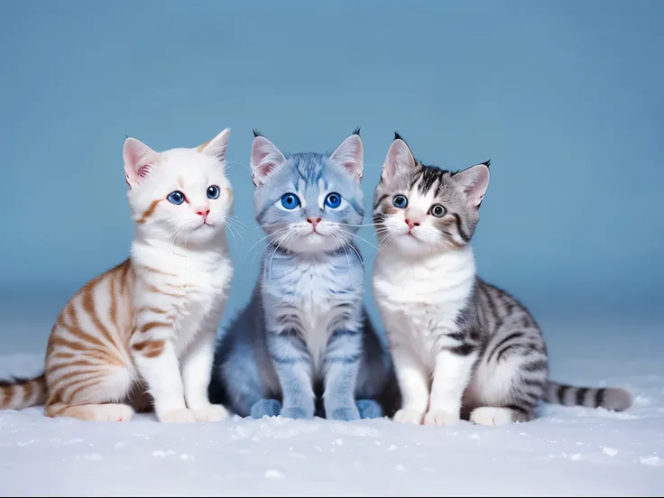 ( top quality,4K,8k, high resolution, Masterpiece:1.2),Cats playing with each other 、 Super Detail,  is present , adorable by design,Fluffy,Frost ,Kittens playing in the prairie . , happy expression ,Little pink nose,Sparkling Beard, Sparkling blue eyes ,S...