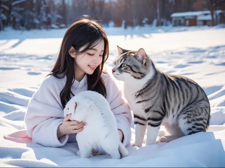 ( top quality,4K,8k, high resolution, Masterpiece:1.2),Cats playing with each other 、 Super Detail, is present, adorable by design,Fluffy,Frost ,Kittens playing in the prairie . , happy expression ,Little pink nose,Sparkling Beard, Sparkling blue eyes ,Sof...