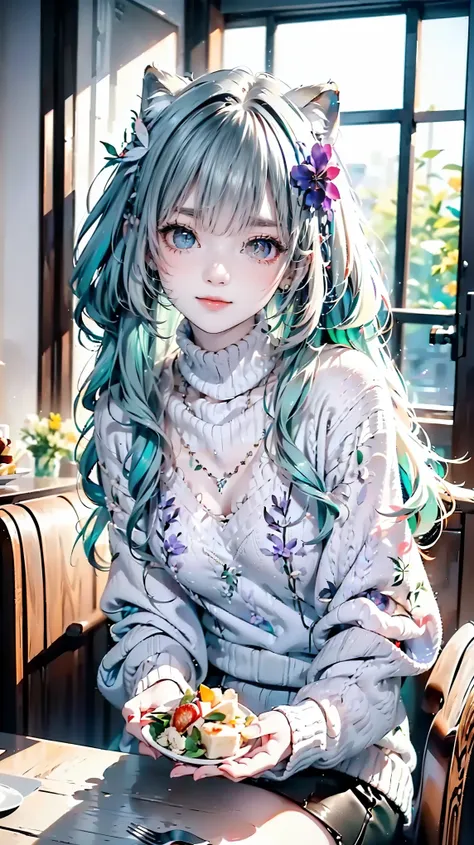  best image quality、Professional、 top quality、((( rainbow heterochromia、 red eyes、 green eyes)))、Odd Eye 、 with sparkling eyes、 Delicate Eyes、(shiny lilac hair)、 long hair、 Princess Cut、 Smiles Shyly 、 super detailed eyes 、 very detailed face、 Extremely De...