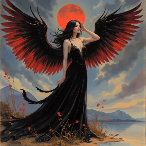 Detailed proportions and textures and multi-color with airbrushed brush strokes that presents a semi-realistic illustration in Chinese ink a female figure with striking, large wings. The wings are predominantly black with vibrant red accents, creating a dr...