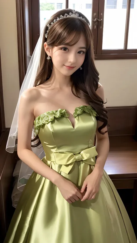 (((Top Quality))), (((Masterpiece))), (((Detail))), tall, looking at camera, face-to-face,deep-green shiny silk satin ruffle girly empire length wedding dress, hands thrust forward, Japanese, brown hair, long hair, gorgeous room,. Gorgeous ribbon hair acce...