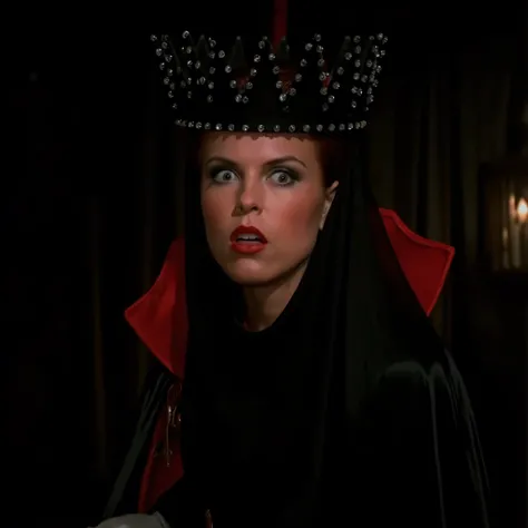 cinematic film still of Evil Queen a Long shot of a surprised woman in a black costume, Long Black Satin Cape with red satin Lining and a black crown with wide staring eyes and a shock expression on her face in 1500s 15th century, 1girl, solo, hat, upper ...