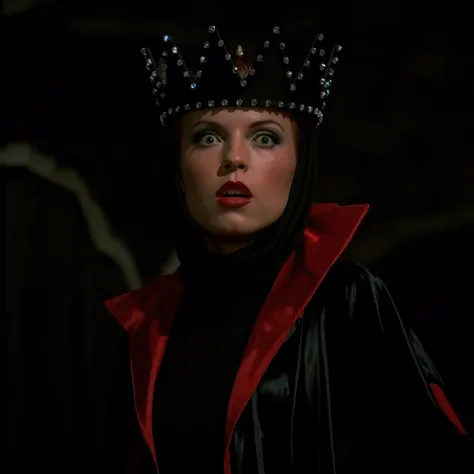 cinematic closeup film still of Evil Queen a Long shot of a surprised woman in a black costume, Long Black Satin Cape with red satin Lining and a black crown with wide staring eyes and a shock expression on her face in 1500s 15th century, 1girl, solo, hat...