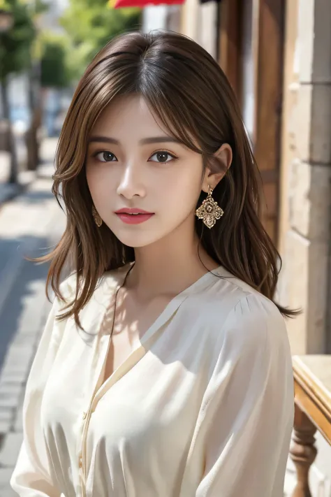 masterpiece、 top quality、 Genuine、 very detailed 、 Subtle Details、 high definition 、 8K wallpaper 、 beautiful woman、Wear a nice blouse、 on a nice cafe terrace 、noon、 light brown tousled hair 、 perfect dynamic composition 、 beautiful beautiful eyes、nice big...