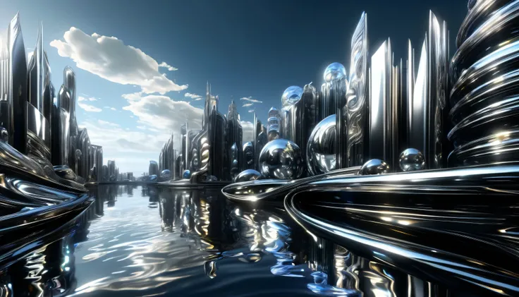 (Waters), future city \( liquid ,Metal,silver\), rest ,Epigenesis \(( simple black :1.5), liquid \(Metal,silver\),Reflection\),quality\( 8,000,极其细致的CG单元wallpaper, Masterpiece, high resolution,top-quality,top-quality real texture skin, surrealistic ,提 high ...