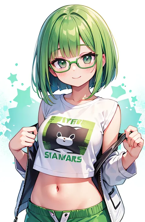  HD　 Masterpiece　 beautiful girl　 green hair　 bob cut　digital design 　green and white digital shirt　Glasses　 hotpants　 cheerful smile 　digital background 