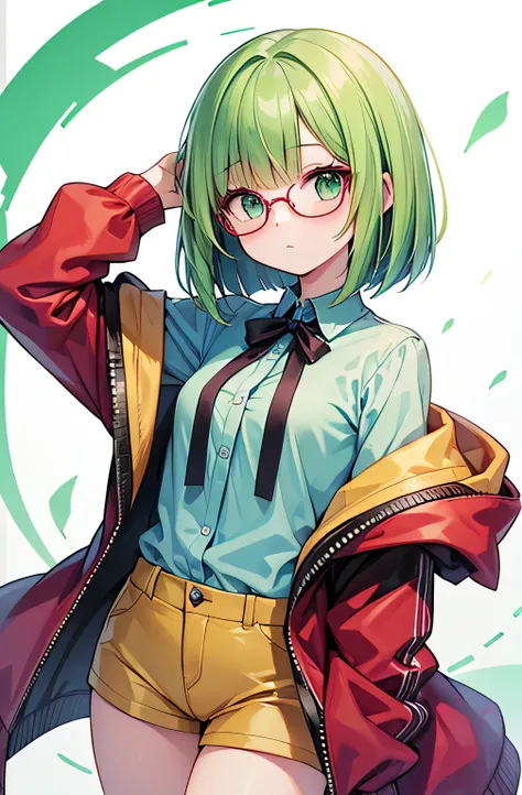  high quality　 HD　 Masterpiece　 beautiful girl　 green hair　 bob cut　digital design 　green and white shirt 　Glasses　 hotpants　digital background 