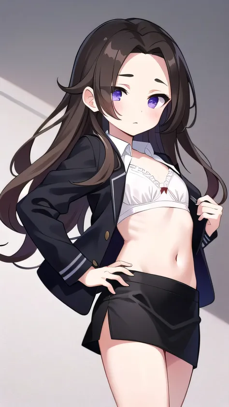 Brown hair, long hair, purple eyes,middle part，  wide forehead, white shirt, long sleeves, black miniskirt, black knee socks, middle school student, flat chest , short, narrow eyes, hanging eyes, forehead, straight hair，her bra is visible,