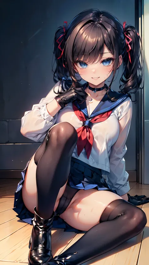  in the seat ，，(( dark hair twin tails )) ，((Very beautiful blue eyes ))，((Orthodox sailor uniform， navy micro mini skirt ，Black leather choker， long black leather gloves ，black long leather boots :1.3))，((4K，8k，CG Unity，Masterpiece，Masterpiece， top qualit...